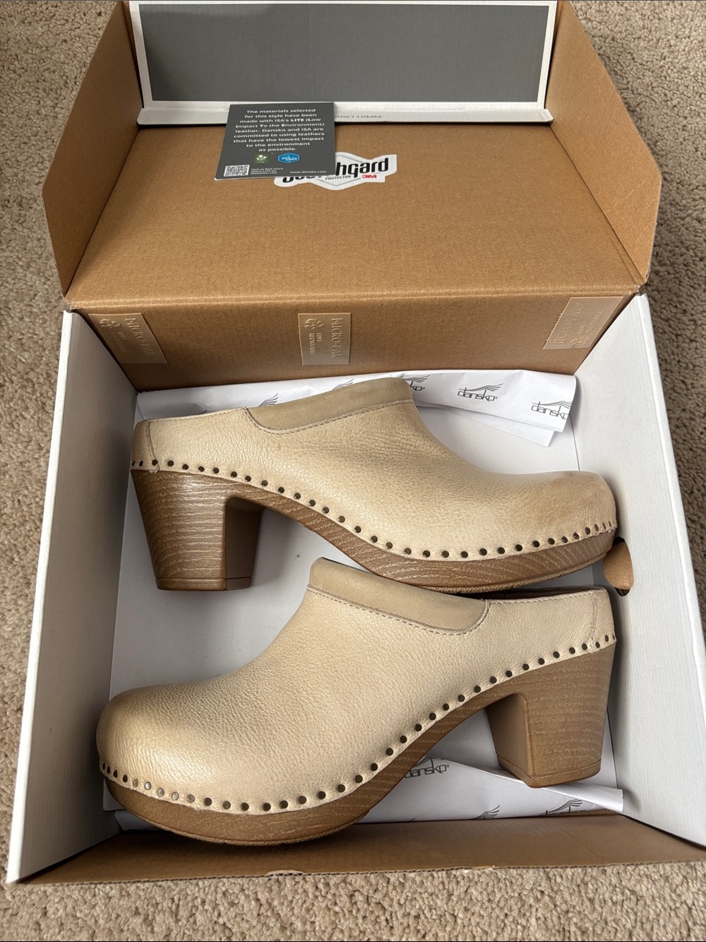 Dansko Beige Leather Slip-On Clogs with Stacked Heel